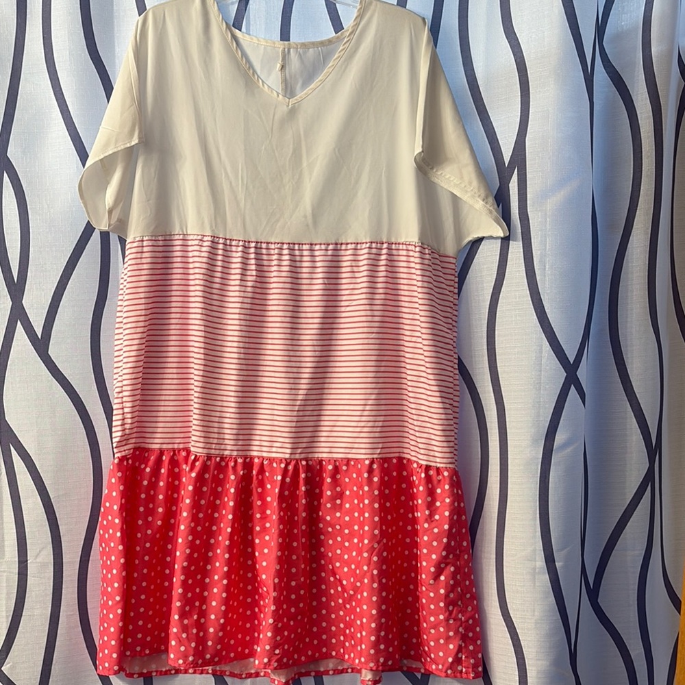 White & Pink V-Neck Short Sleeve Sundress
